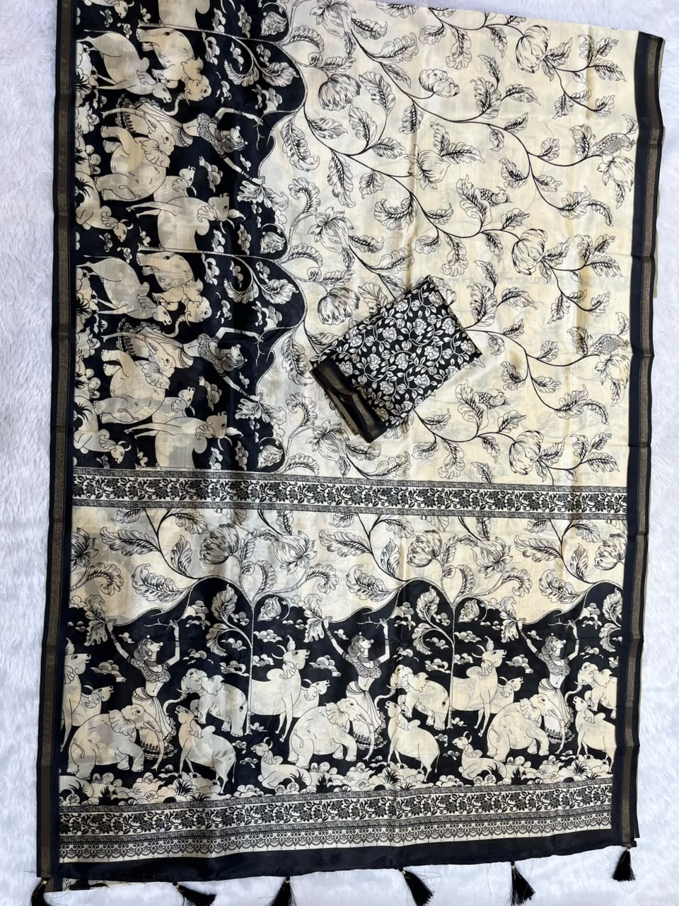 Kalava Art Silk Saree – Cream Black Heritage Animal Pen Kalamkari Digital Print