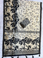 Kalava Art Silk Saree – Cream Black Heritage Animal Pen Kalamkari Digital Print