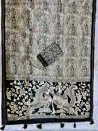 Kalava Art Silk Saree – Cream Black Heritage Peacock Pen Kalamkari Digital Print