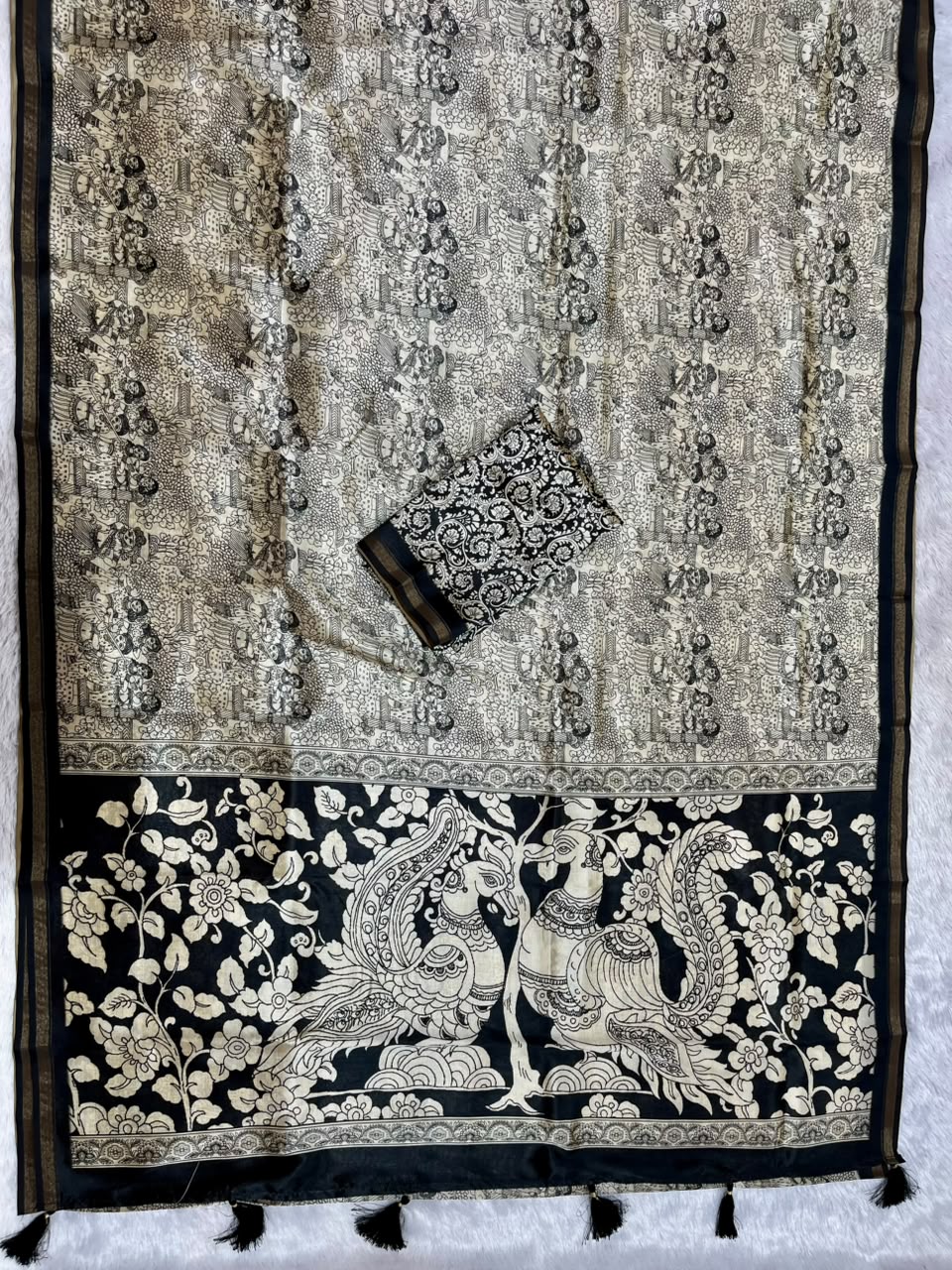 Kalava Art Silk Saree – Cream Black Heritage Peacock Pen Kalamkari Digital Print