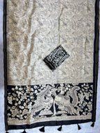 Kalava Art Silk Saree – Cream Black Floral Peacock Pen Kalamkari Digital Print