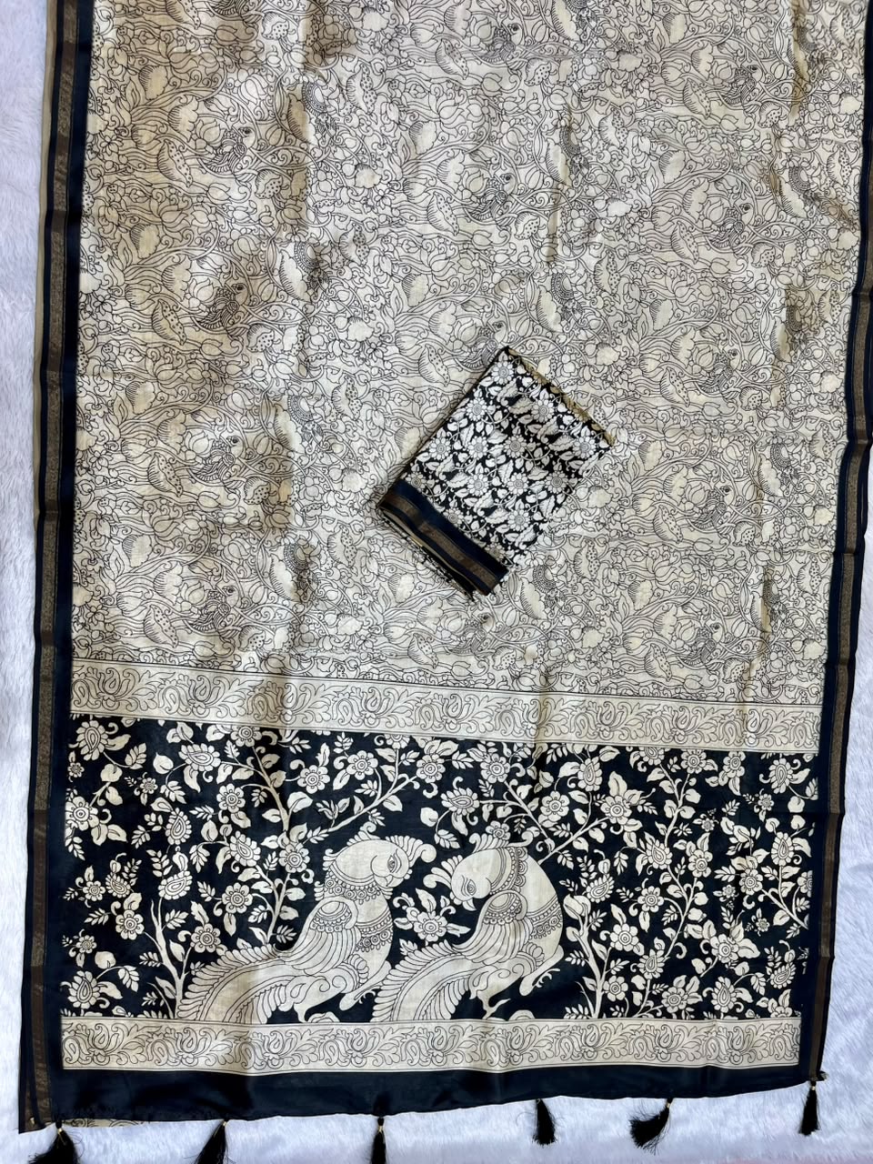 Kalava Art Silk Saree – Cream Black Bird Pen Kalamkari Digital Print