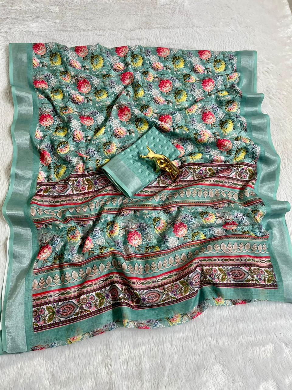 Linen Cotton Saree with Floral Digital Prints