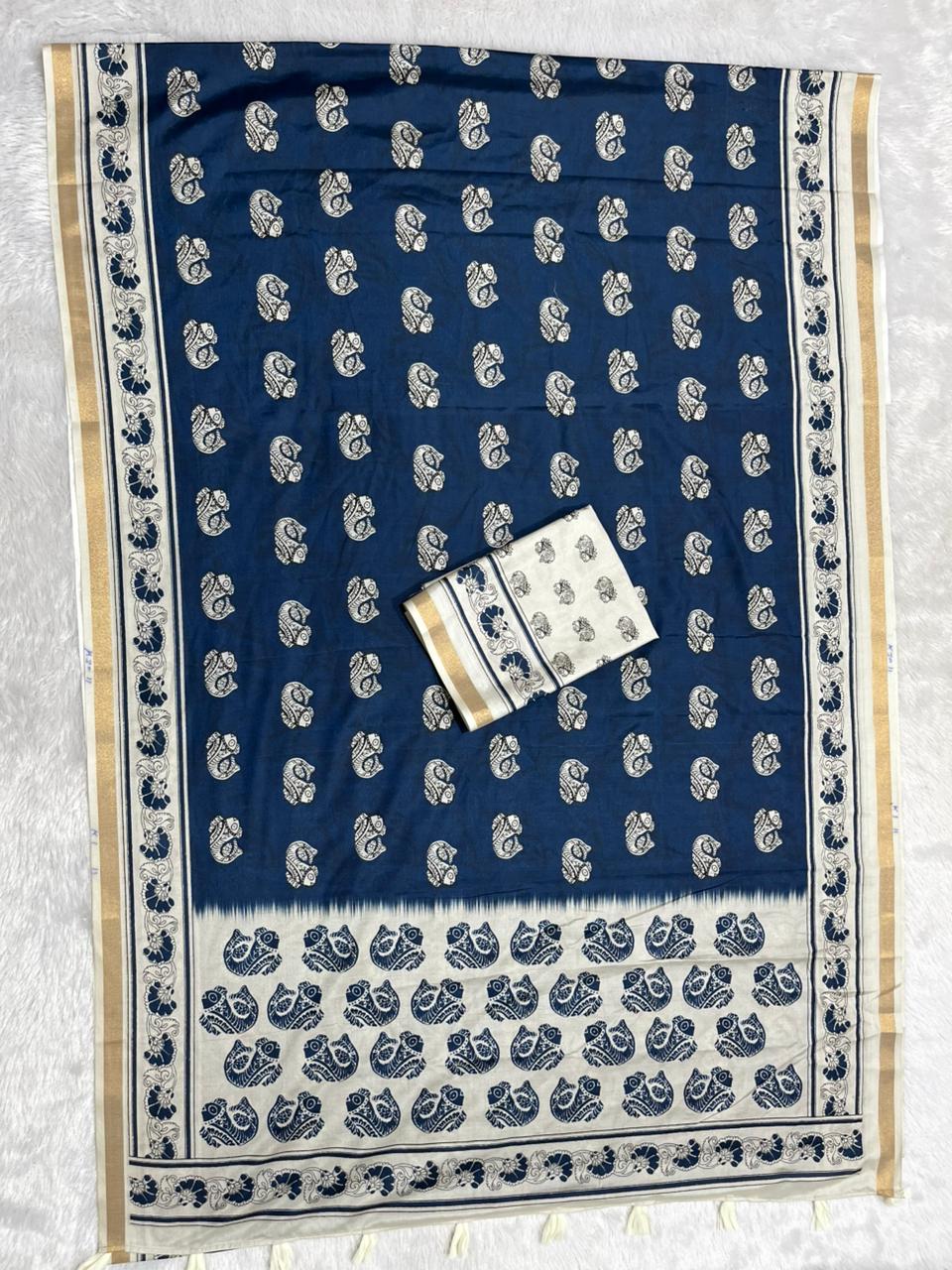 Zariya Cotton Blend Saree – Navy Blue
