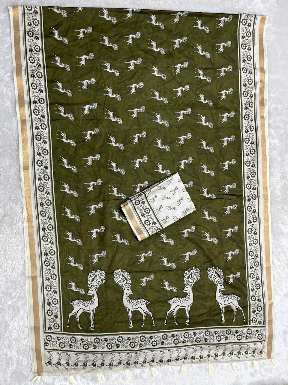 Zariya Cotton Blend Saree – Olive Mist