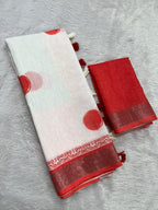 Gowrika Linen Cotton Saree – White Red Maa Durga Divine Digital Print
