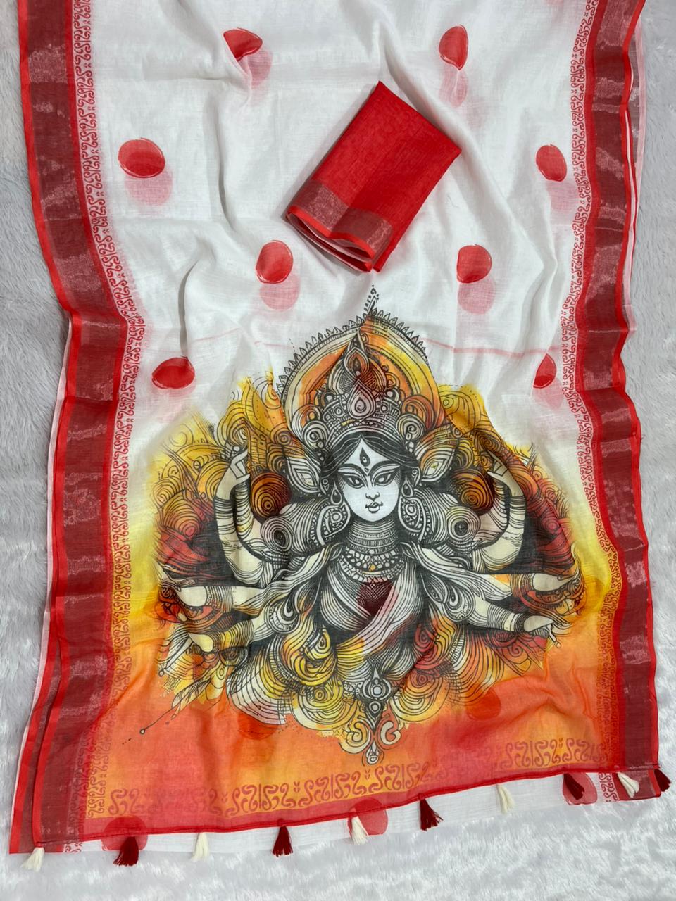 Gowrika Linen Cotton Saree – White Red Maa Durga Divine Digital Print