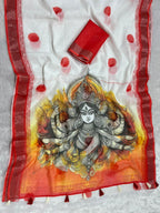 Gowrika Linen Cotton Saree – White Red Maa Durga Divine Digital Print