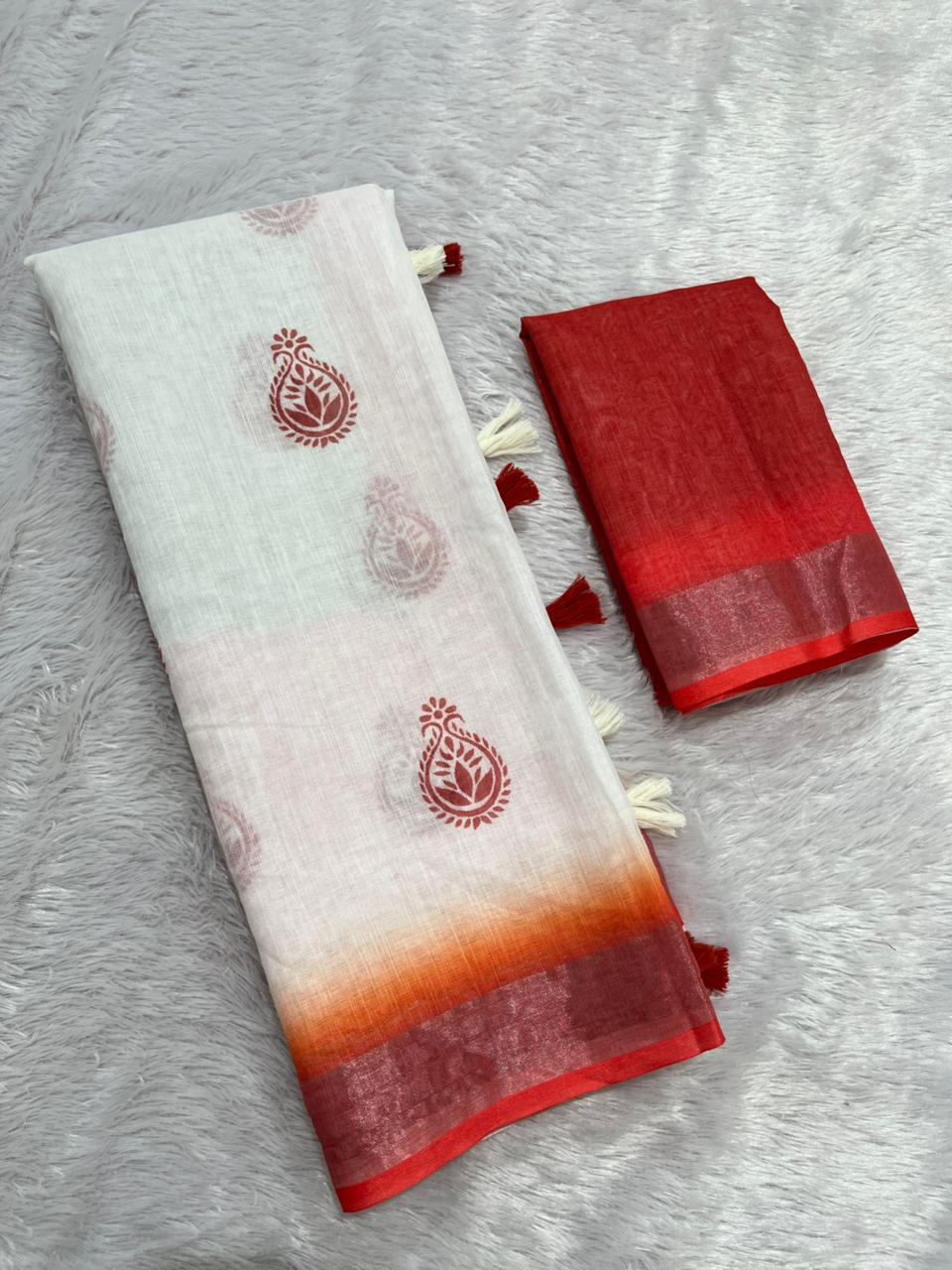 Gowrika Linen Cotton Saree – White Red Maa Durgaa Divine Digital Print