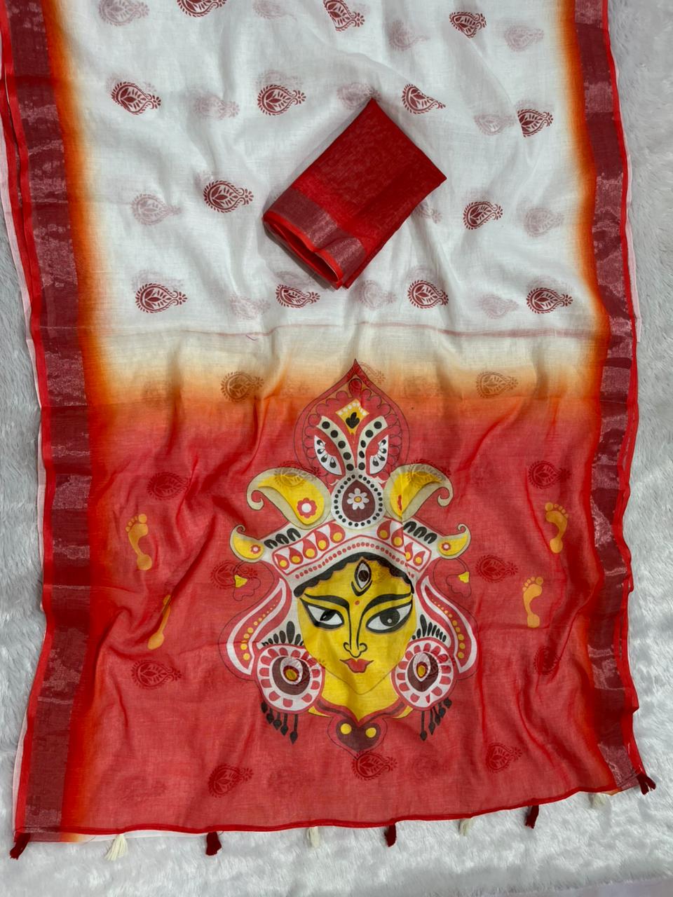 Gowrika Linen Cotton Saree – White Red Maa Durgaa Divine Digital Print