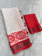 Gowrika Linen Cotton Saree – White Red Durga Face Divine Digital Print