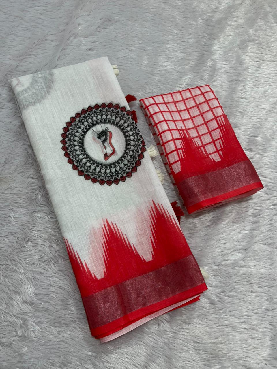 Gowrika Linen Cotton Saree – White Red Saraswati Divine Digital Print