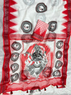 Gowrika Linen Cotton Saree – White Red Saraswati Divine Digital Print