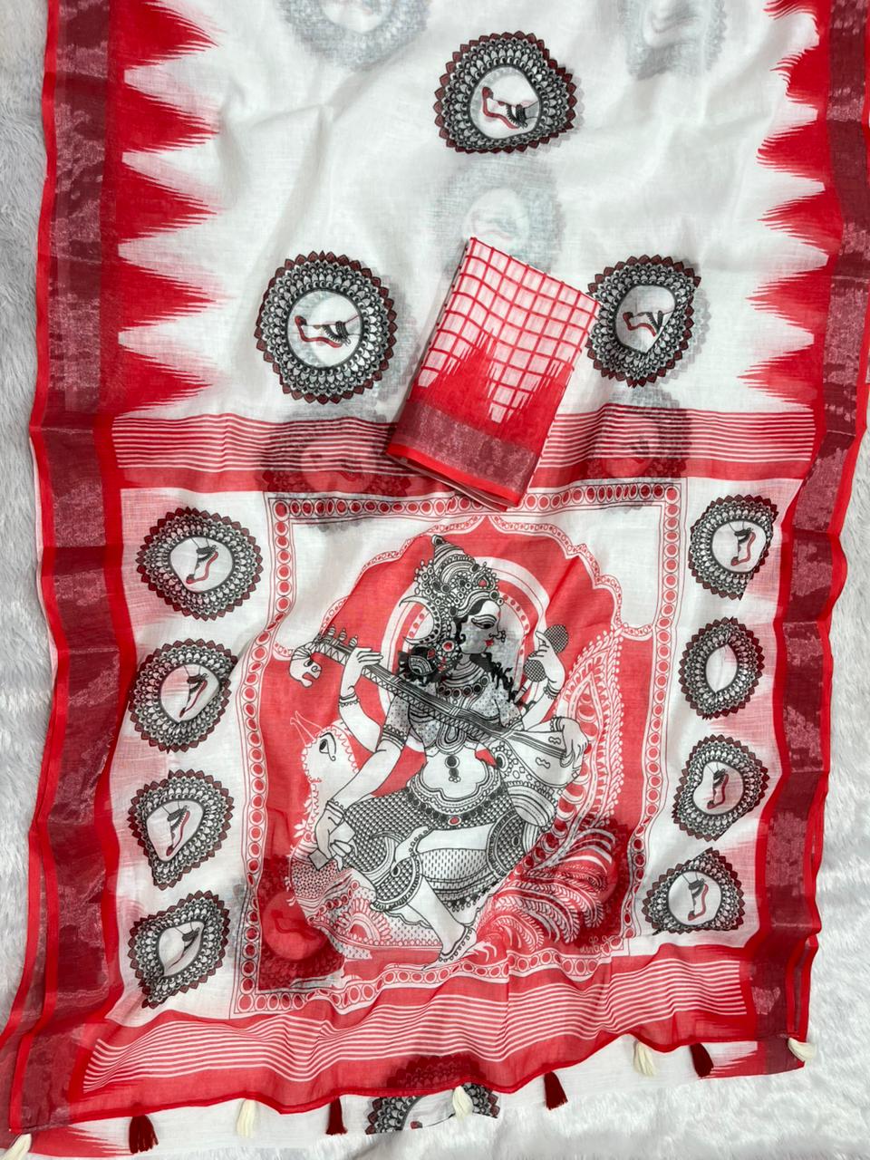 Gowrika Linen Cotton Saree – White Red Saraswati Divine Digital Print
