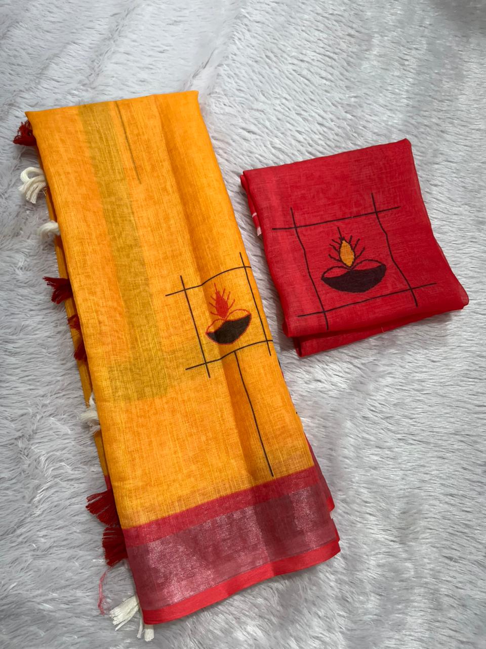 Gowrika Linen Cotton Saree – Saffron Orange Ganesha Divine Digital Print