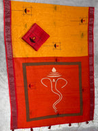 Gowrika Linen Cotton Saree – Saffron Orange Ganesha Divine Digital Print