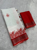 Gowrika Linen Cotton Saree – White Red Durga Divine Digital Prints