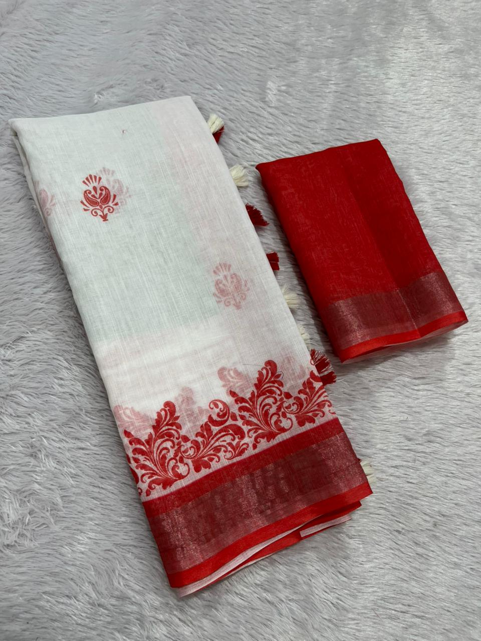 Gowrika Linen Cotton Saree – White Red Durga Divine Digital Prints