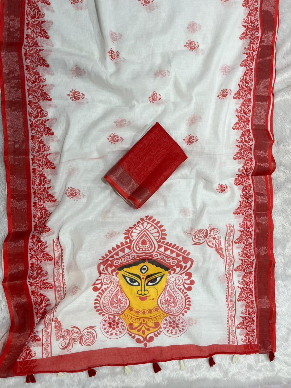 Gowrika Linen Cotton Saree – White Red Durga Divine Digital Prints
