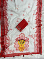 Gowrika Linen Cotton Saree – White Red Durga Divine Digital Prints