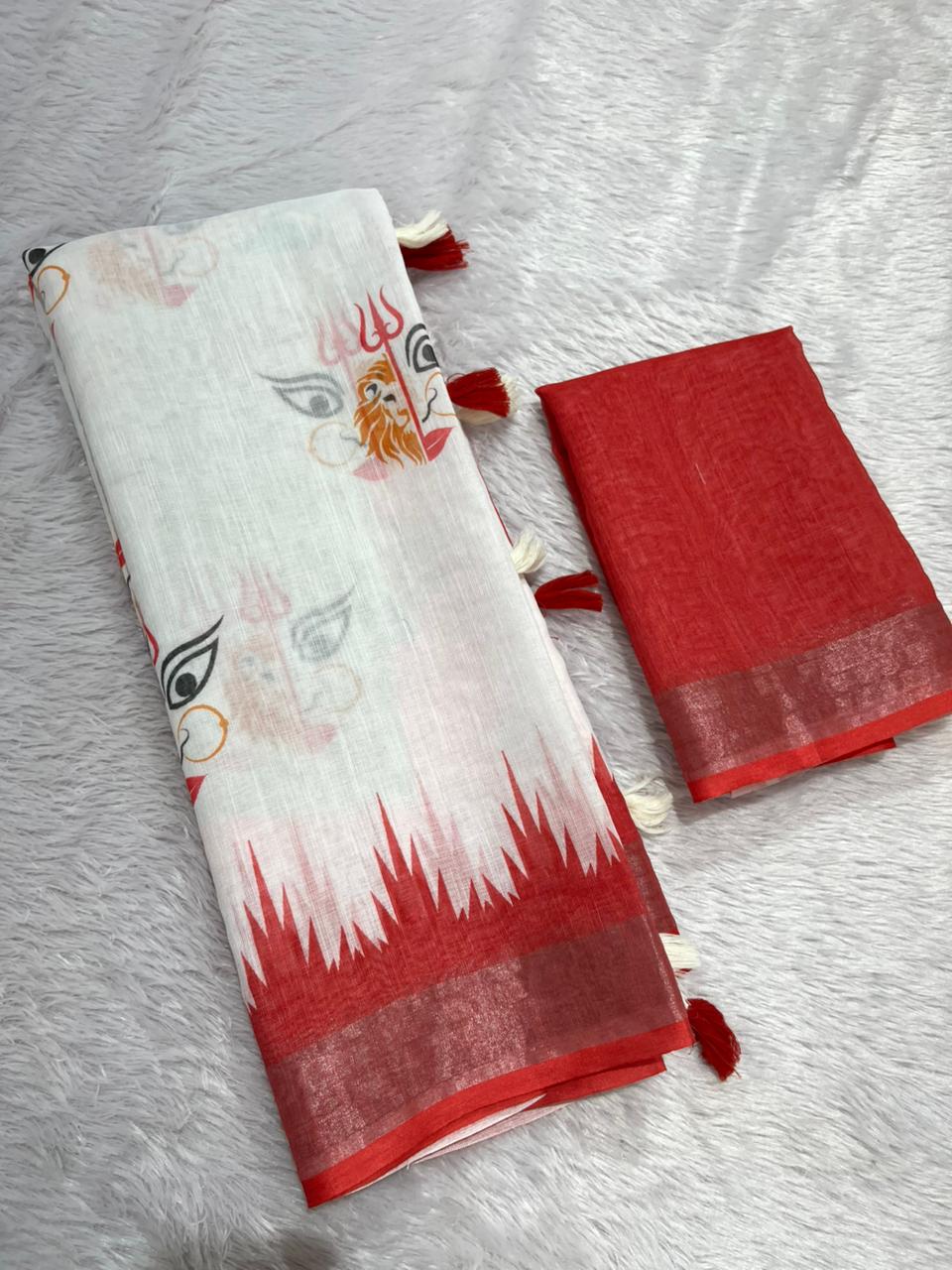 Gowrika Linen Cotton Saree – White Red Maa Durga Eyes Divine Digital Print