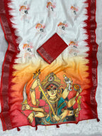 Gowrika Linen Cotton Saree – White Red Maa Durga Eyes Divine Digital Print