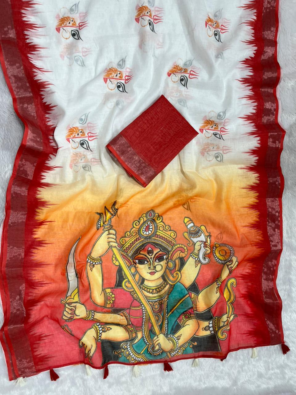 Gowrika Linen Cotton Saree – White Red Maa Durga Eyes Divine Digital Print