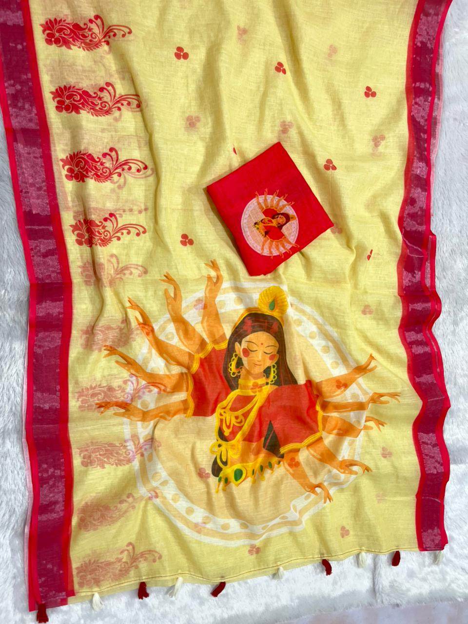 Gowrika Linen Cotton Saree – Light Yellow Red Maa Durga Divine Digital Print