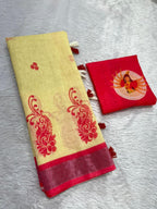 Gowrika Linen Cotton Saree – Light Yellow Red Maa Durga Divine Digital Print