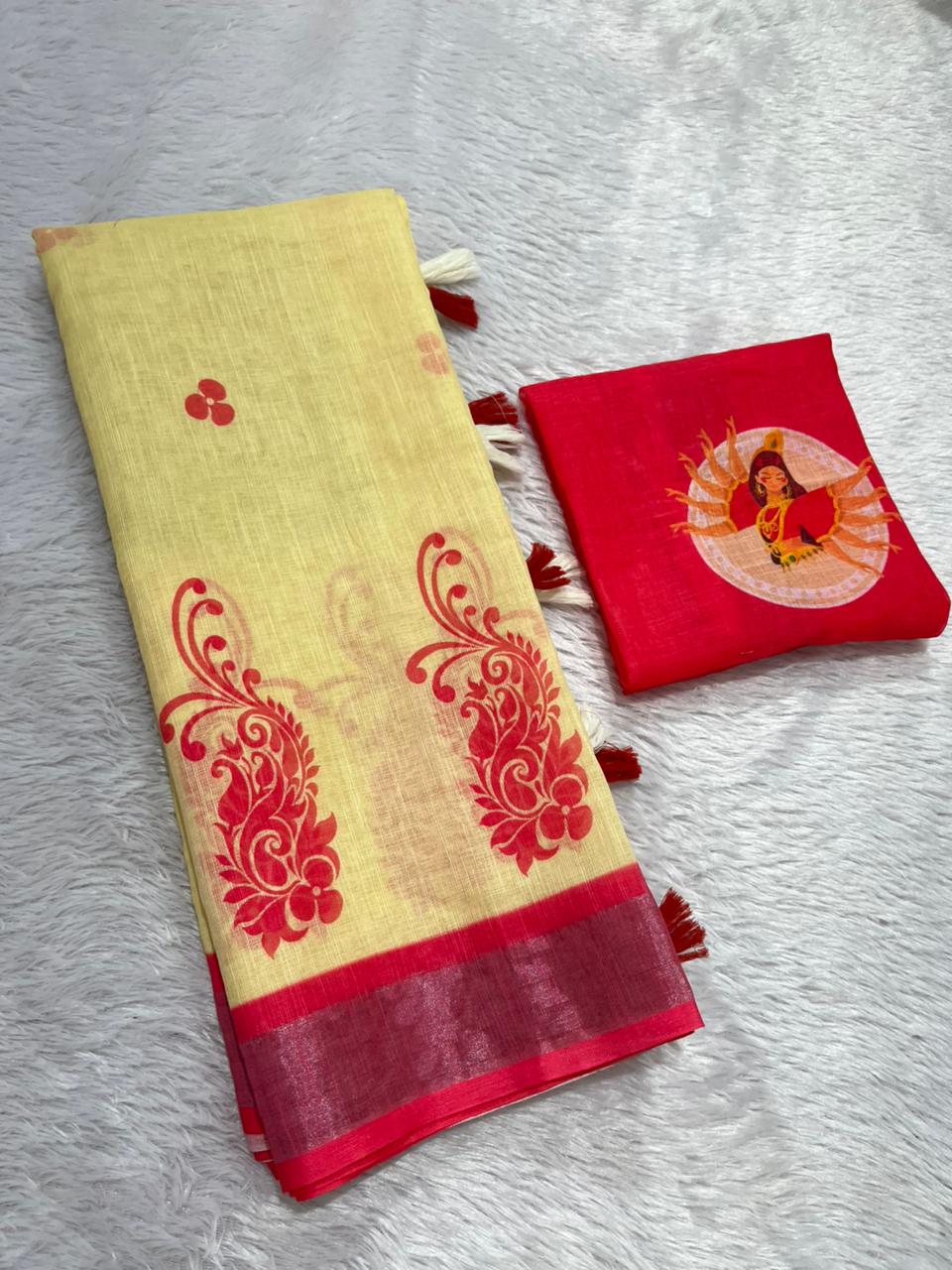 Gowrika Linen Cotton Saree – Light Yellow Red Maa Durga Divine Digital Print