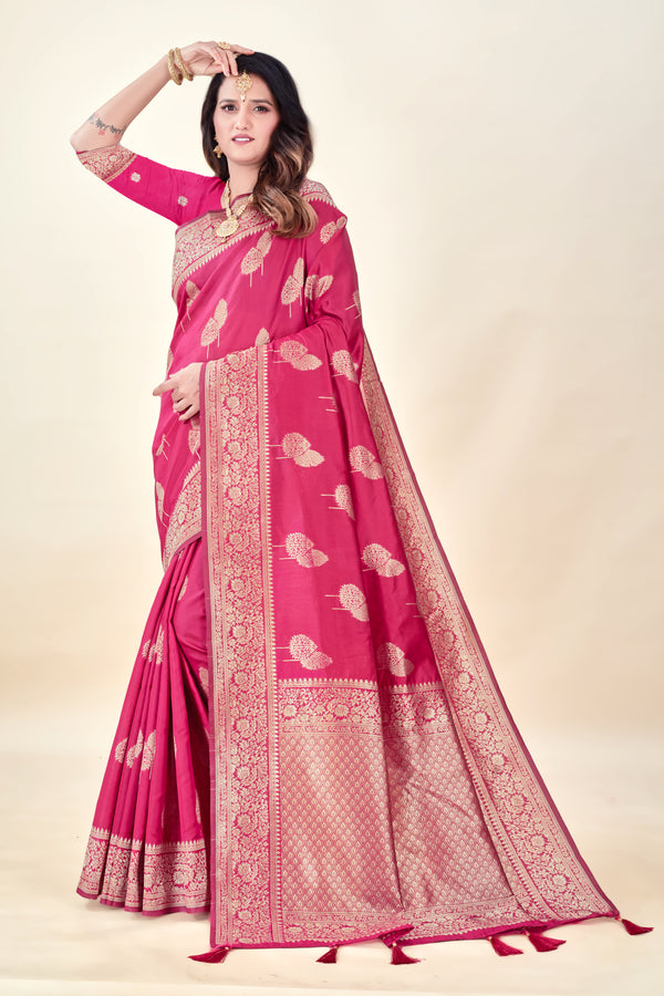 Hot Pink Soft Litchi Silk Saree with Silver Zari Tree Motifs & Tassel Pallu