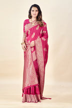 Hot Pink Soft Litchi Silk Saree with Silver Zari Tree Motifs & Tassel Pallu