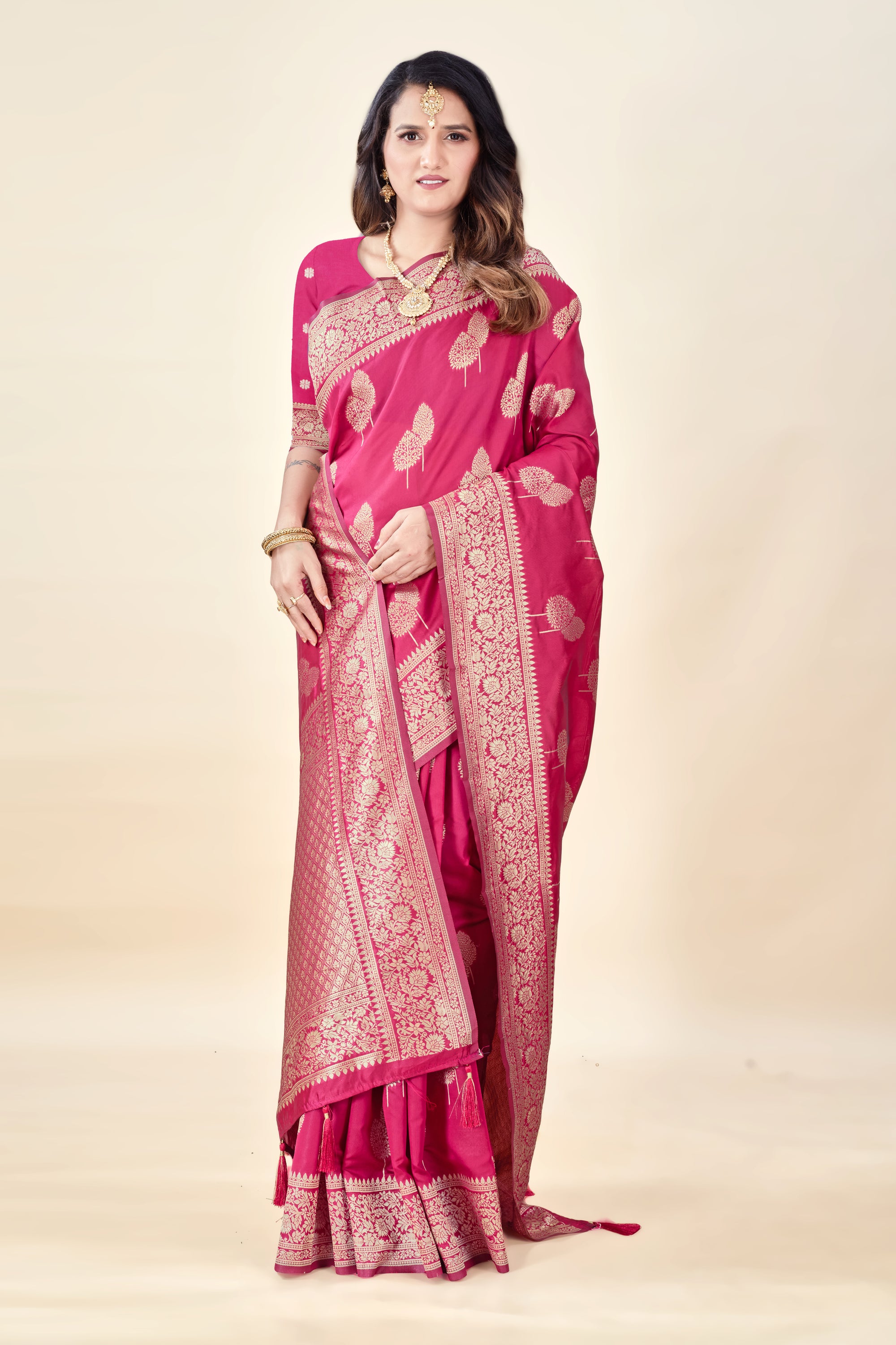 Hot Pink Soft Litchi Silk Saree with Silver Zari Tree Motifs & Tassel Pallu