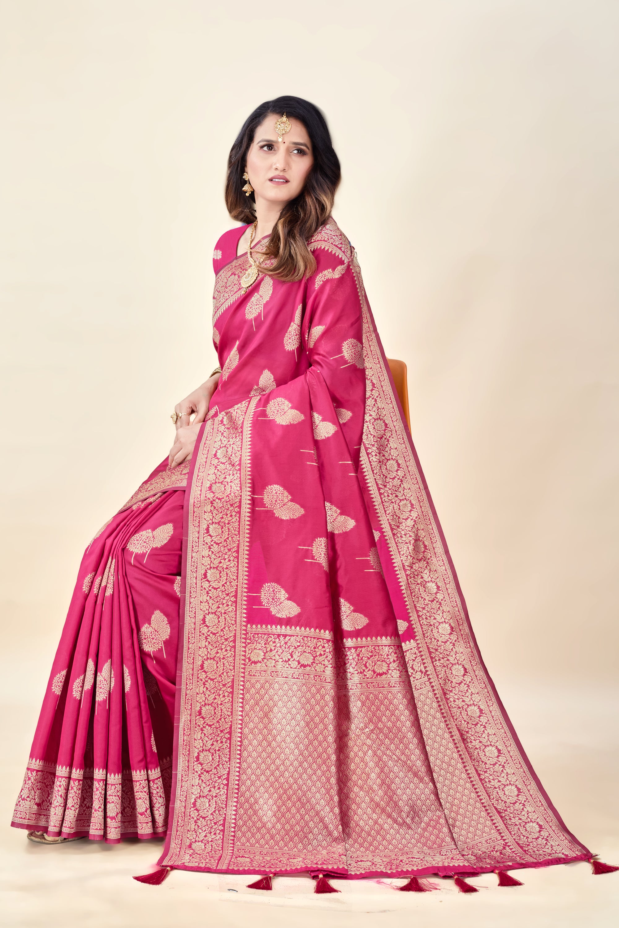 Hot Pink Soft Litchi Silk Saree with Silver Zari Tree Motifs & Tassel Pallu