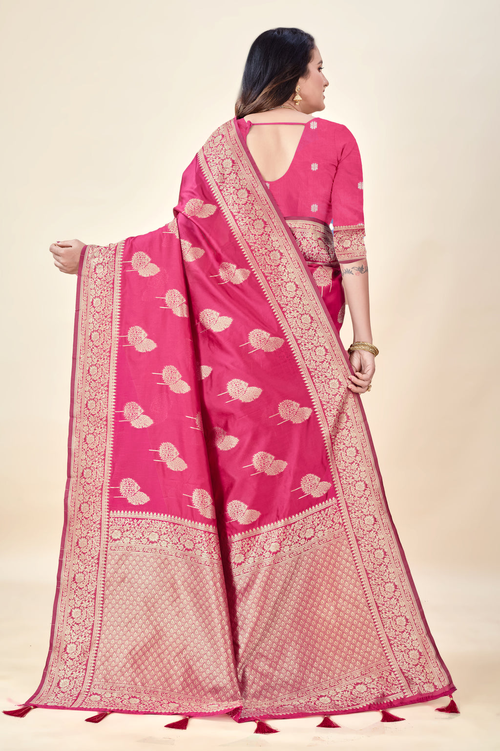 Hot Pink Soft Litchi Silk Saree with Silver Zari Tree Motifs & Tassel Pallu