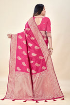 Hot Pink Soft Litchi Silk Saree with Silver Zari Tree Motifs & Tassel Pallu