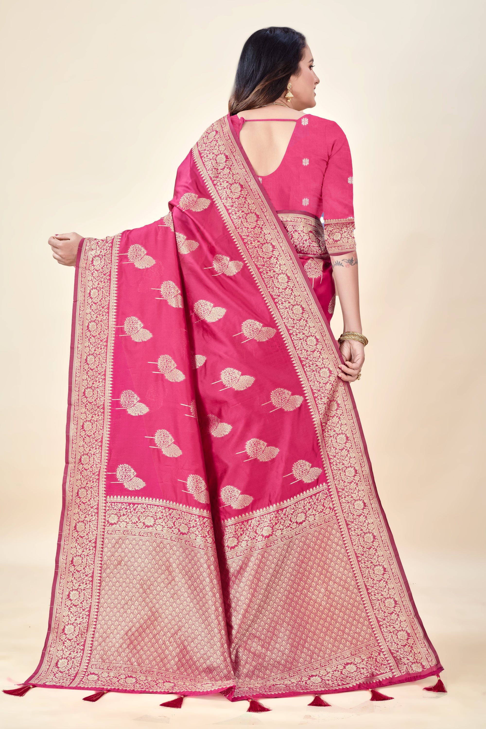 Hot Pink Soft Litchi Silk Saree with Silver Zari Tree Motifs & Tassel Pallu