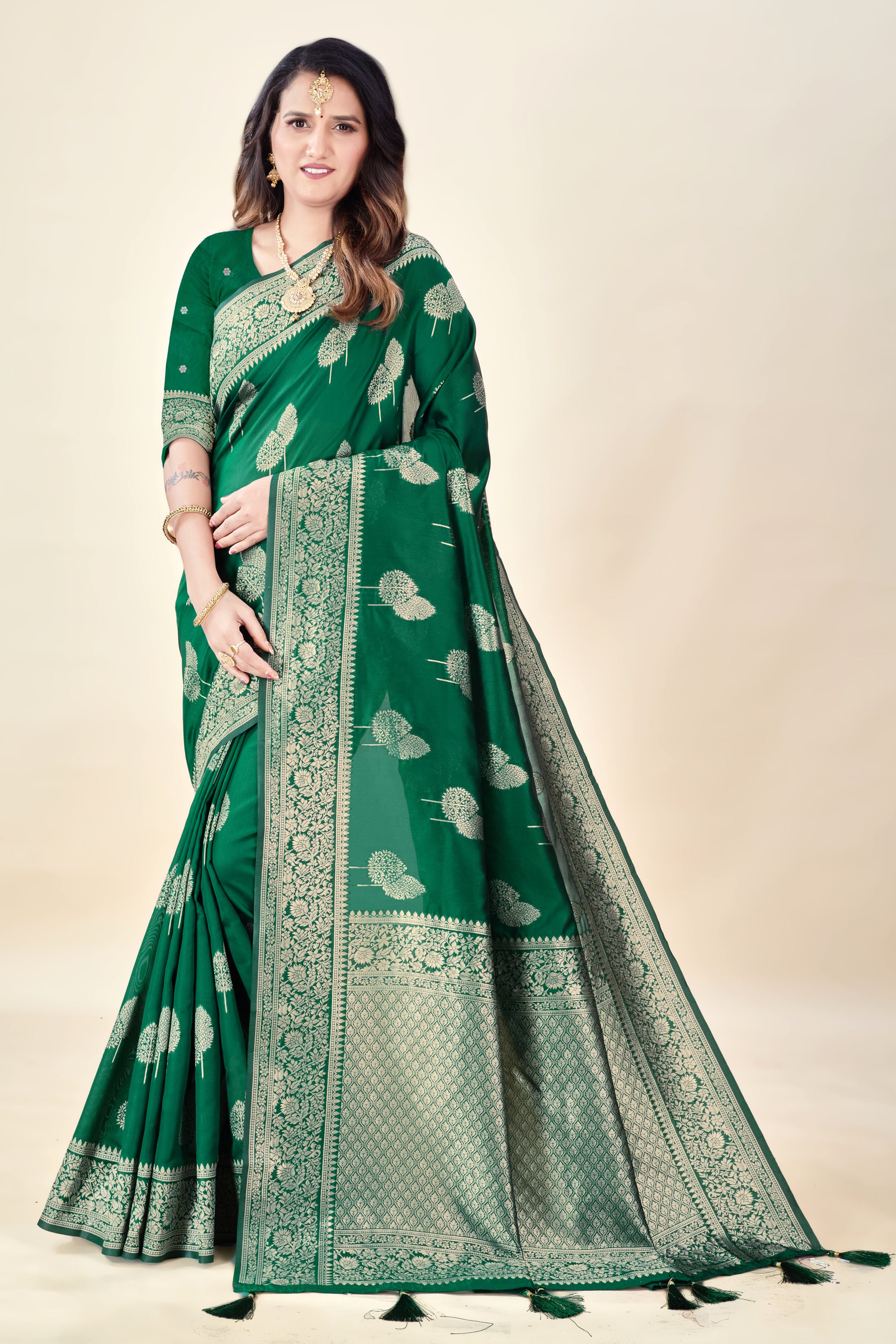 Green Soft Litchi Silk Saree with Silver Zari Tree Motifs & Tassel Pallu