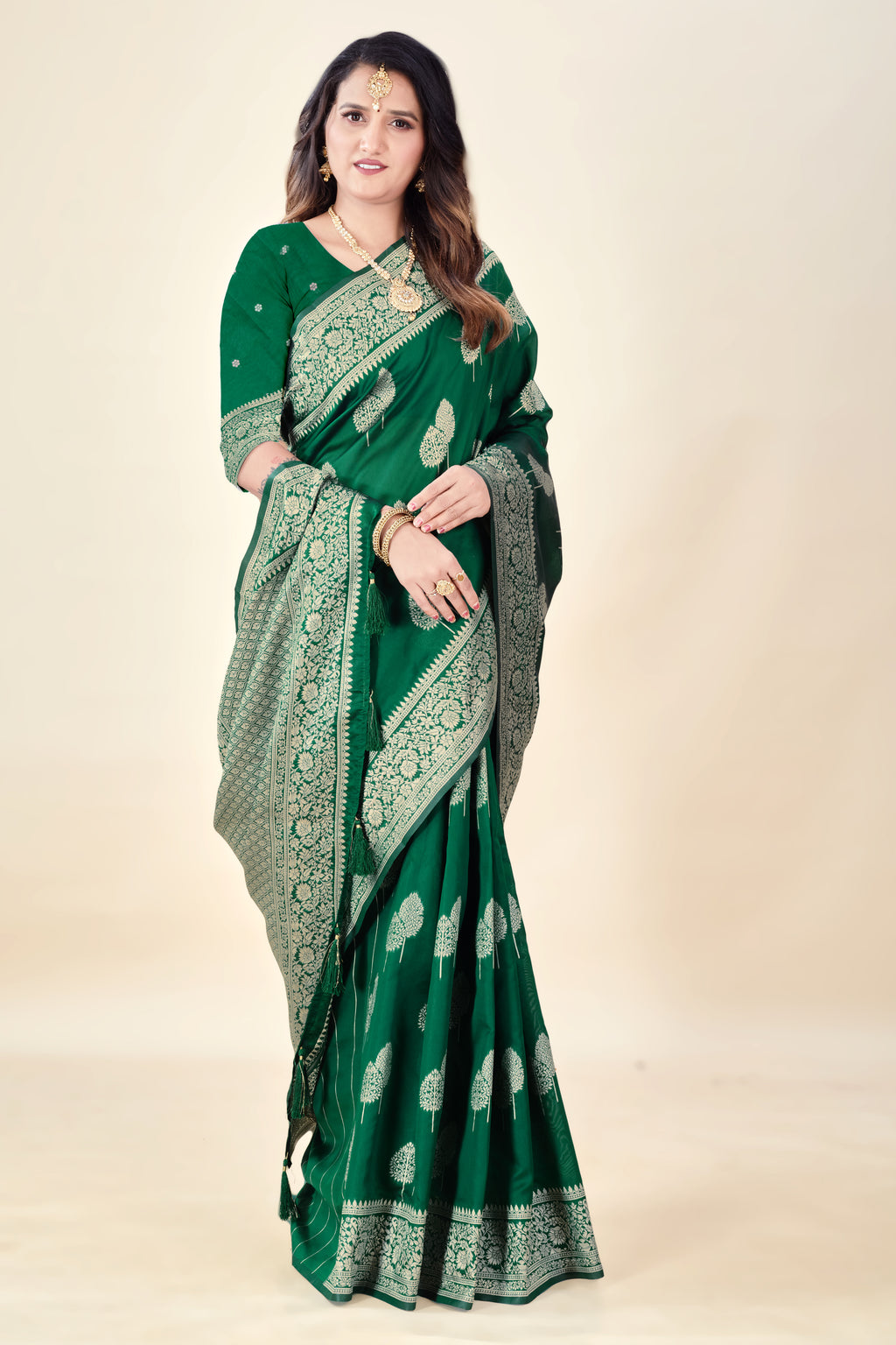 Green Soft Litchi Silk Saree with Silver Zari Tree Motifs & Tassel Pallu