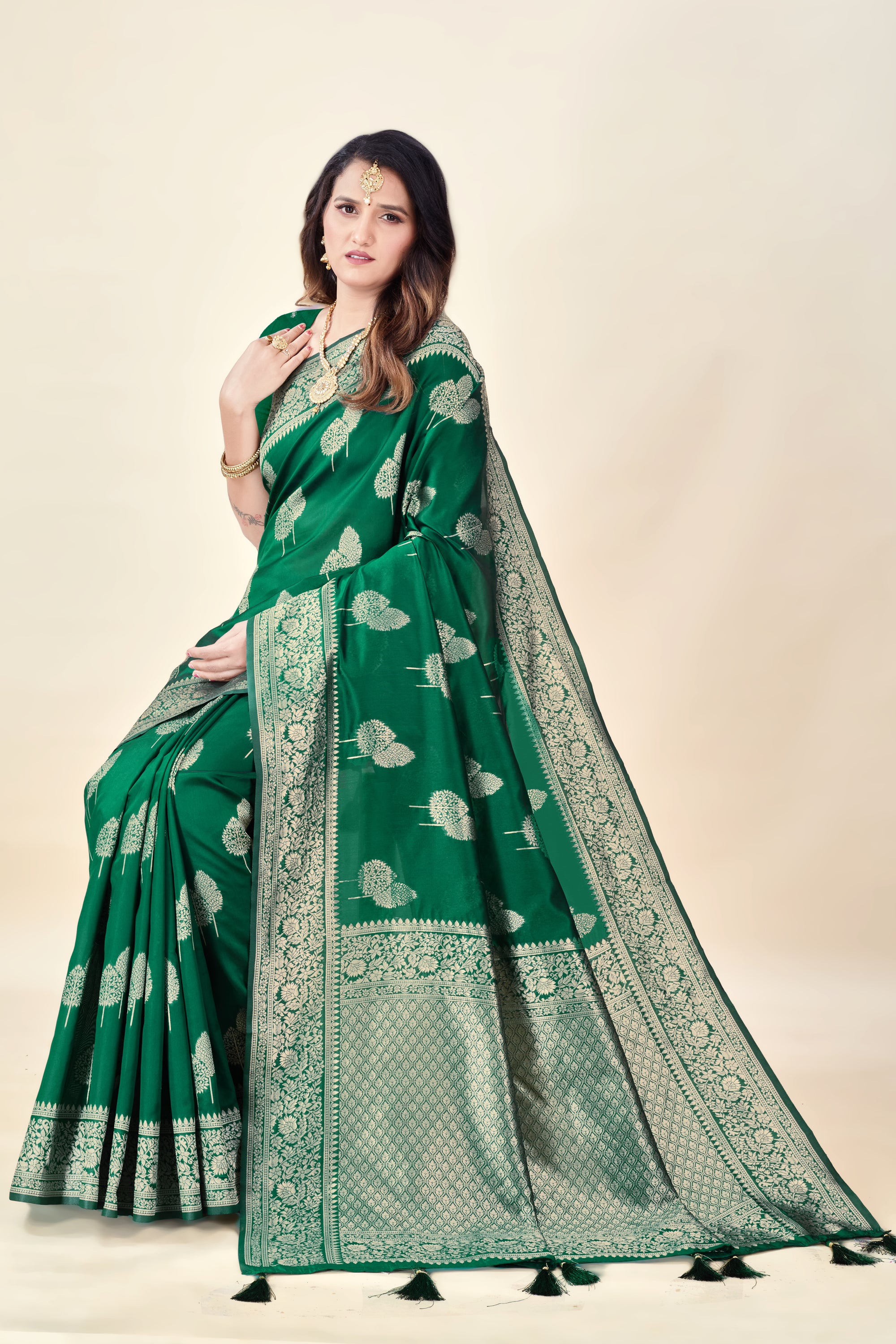 Green Soft Litchi Silk Saree with Silver Zari Tree Motifs & Tassel Pallu