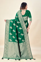 Green Soft Litchi Silk Saree with Silver Zari Tree Motifs & Tassel Pallu