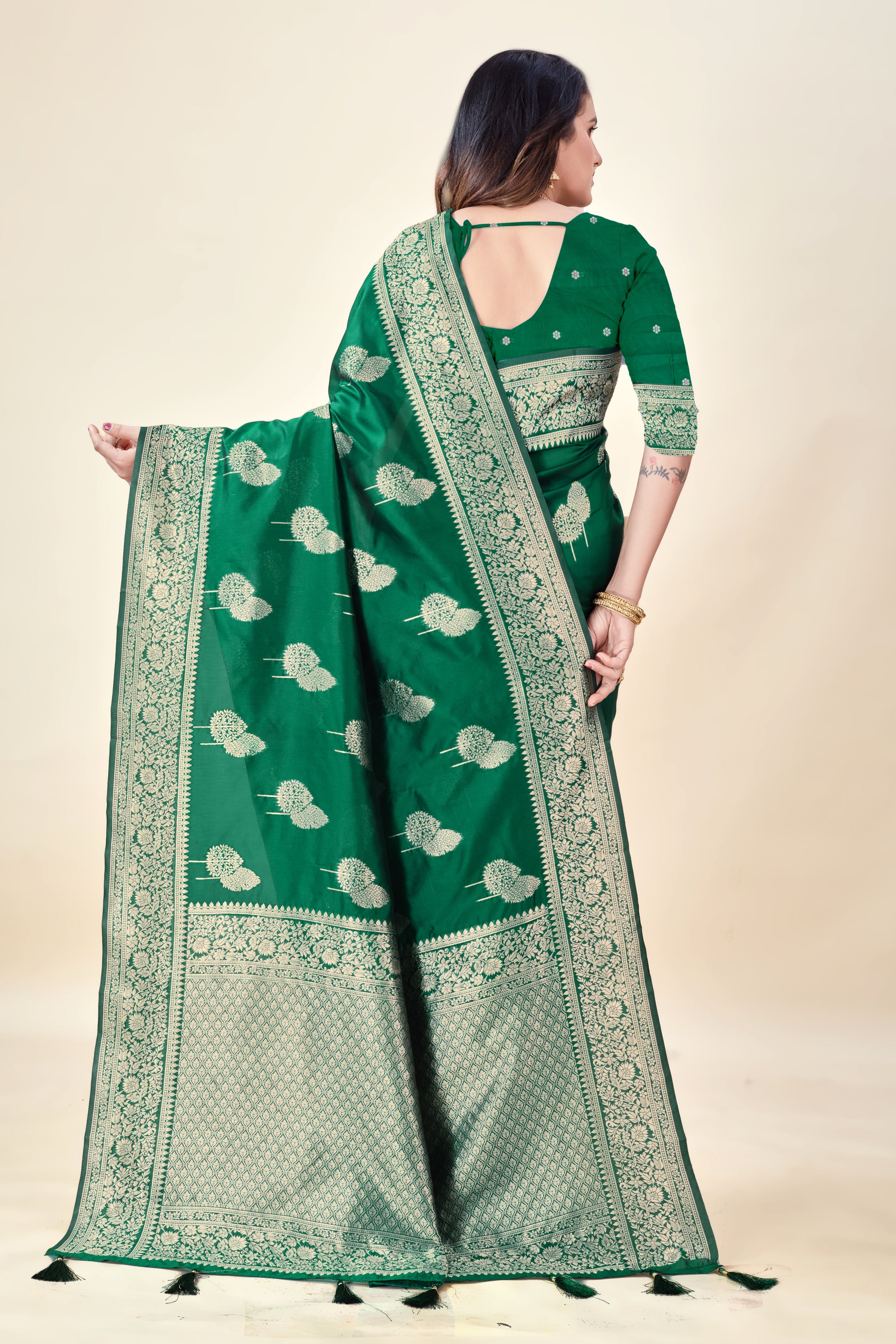 Green Soft Litchi Silk Saree with Silver Zari Tree Motifs & Tassel Pallu