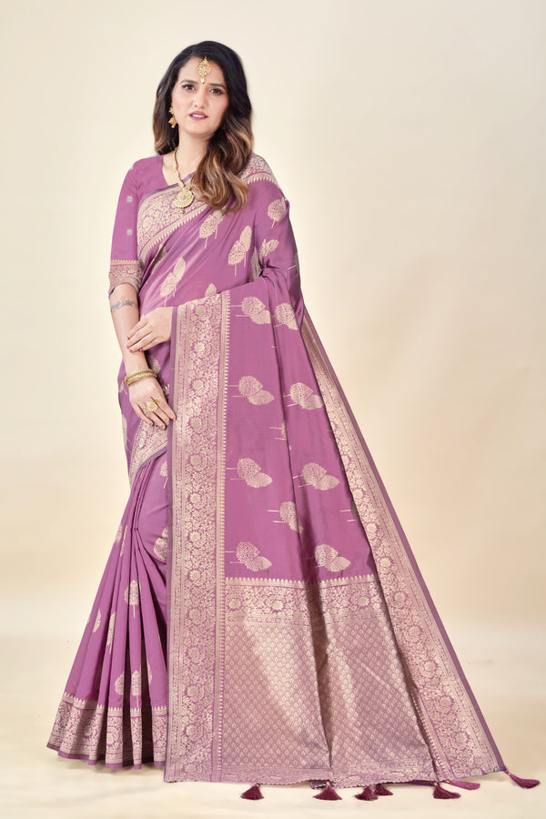 Onion Soft Litchi Silk Saree with Silver Zari Tree Motifs & Tassel Pallu