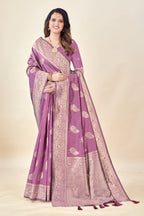 Onion Soft Litchi Silk Saree with Silver Zari Tree Motifs & Tassel Pallu