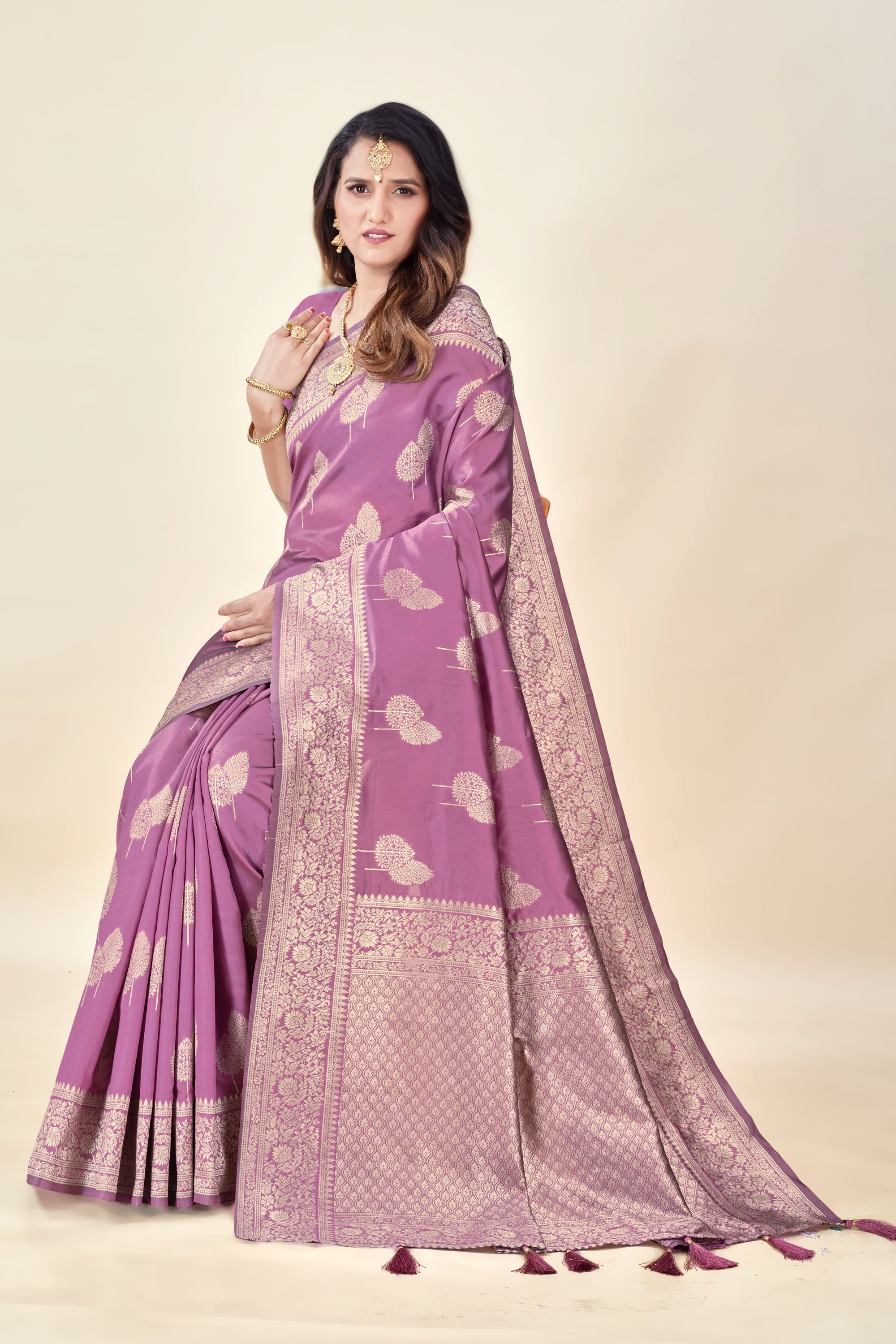Onion Soft Litchi Silk Saree with Silver Zari Tree Motifs & Tassel Pallu