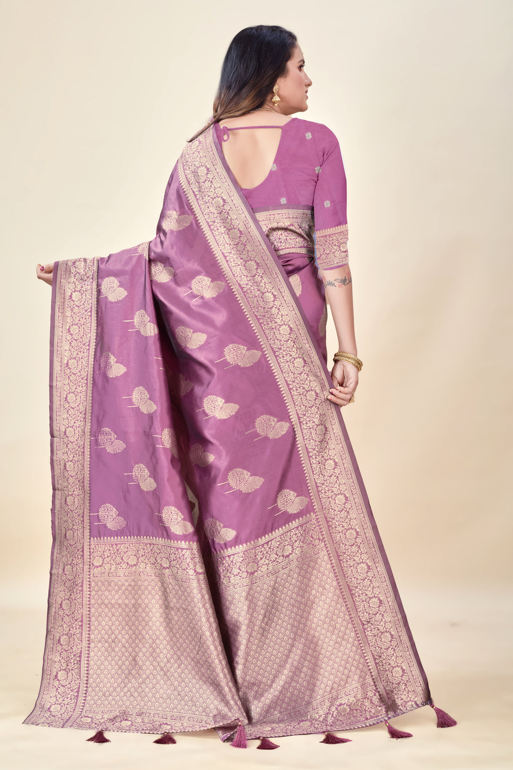 Onion Soft Litchi Silk Saree with Silver Zari Tree Motifs & Tassel Pallu