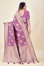 Onion Soft Litchi Silk Saree with Silver Zari Tree Motifs & Tassel Pallu
