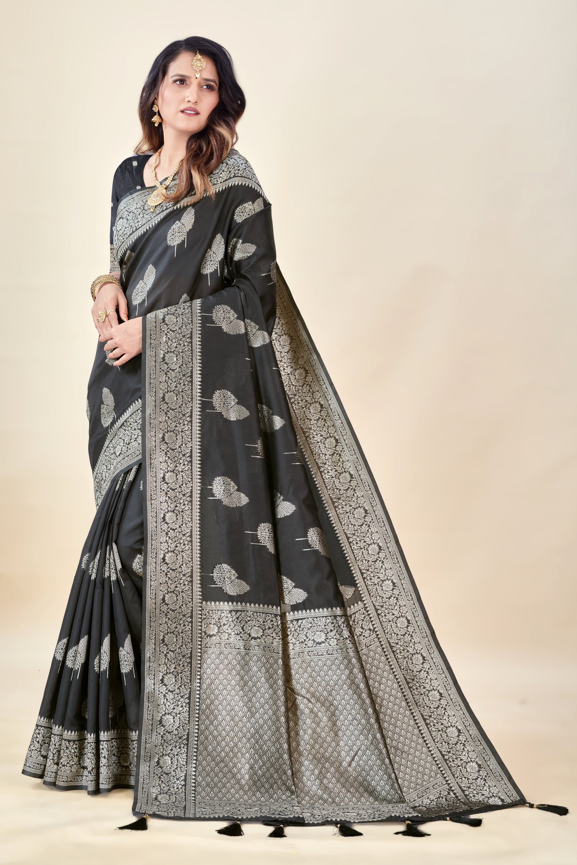 Black Soft Litchi Silk Saree with Silver Zari Tree Motifs & Tassel Pallu