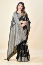 Black Soft Litchi Silk Saree with Silver Zari Tree Motifs & Tassel Pallu