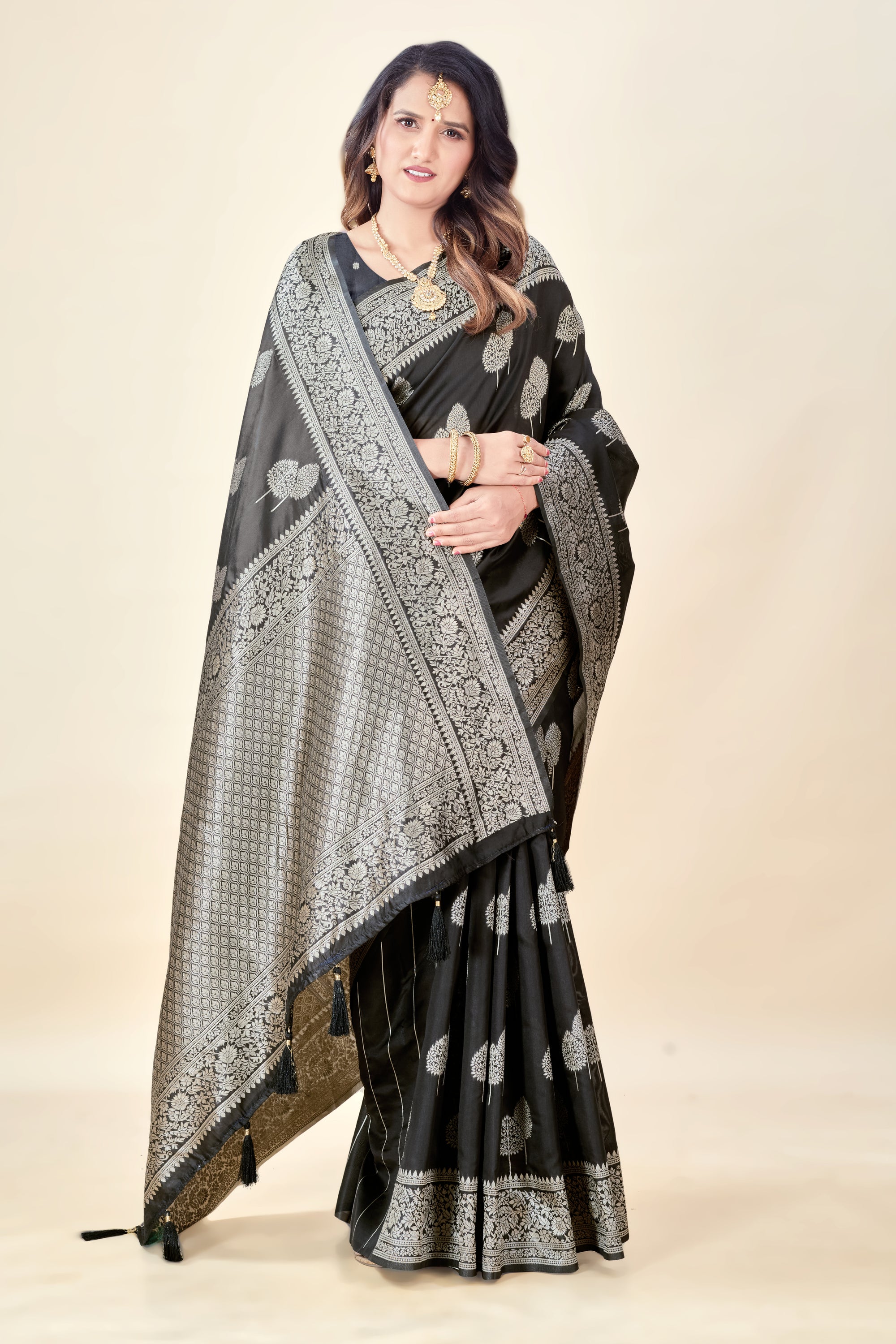 Black Soft Litchi Silk Saree with Silver Zari Tree Motifs & Tassel Pallu
